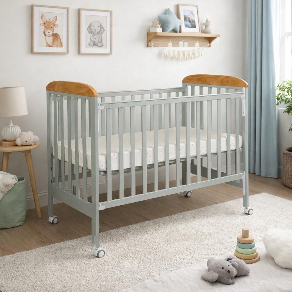 מבצע!! מיטה לתינוק אנה אפור טבעי + מזרן שעוונית תואם למיטה