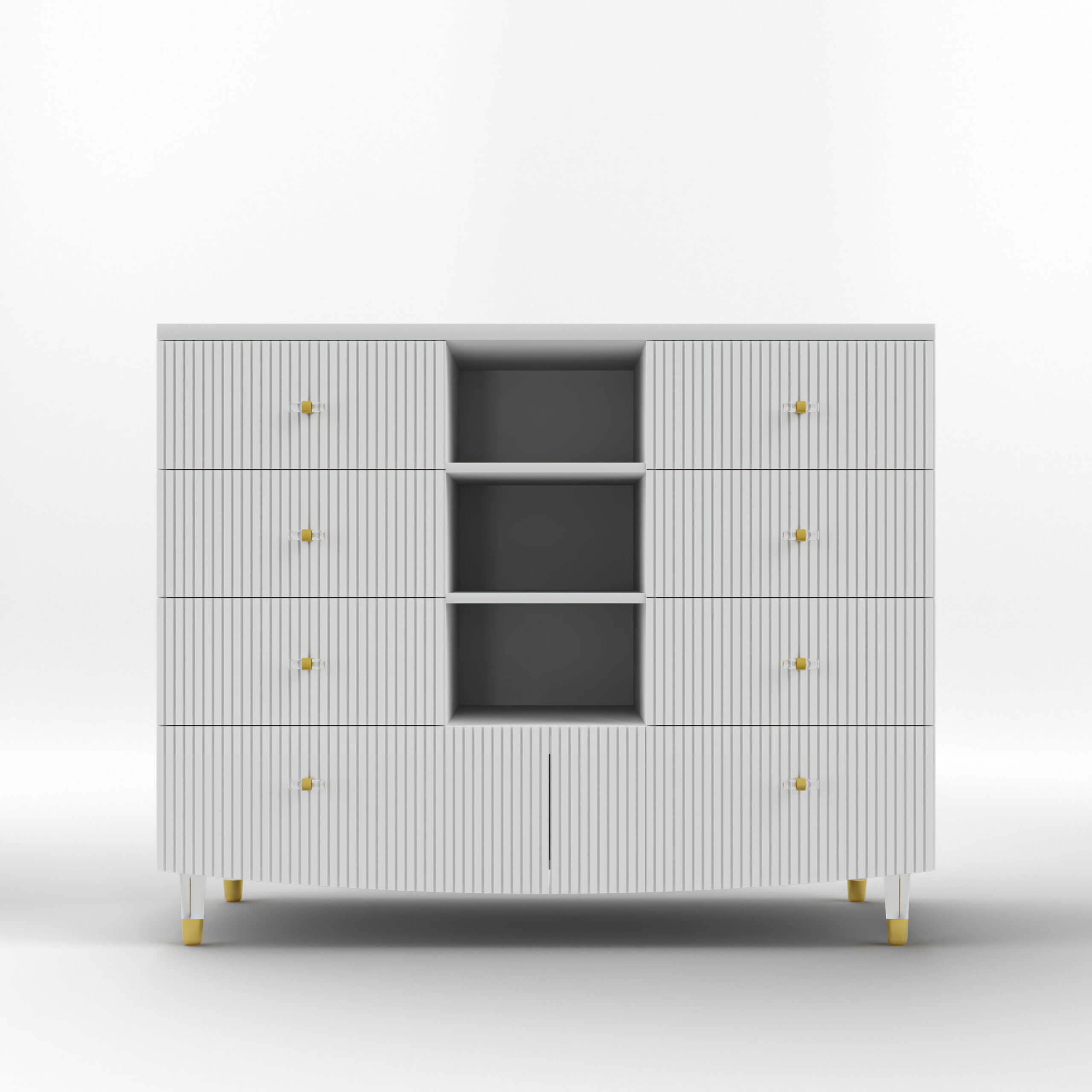 Malaga chest of drawers with slotted fronts in white bronze acrylic - soft-close runners - back in stock שידה מלאגה חזיתות מחורצות לבן ברונזה אקרילי- מסילות טריקה שקטה- חזר למלאי