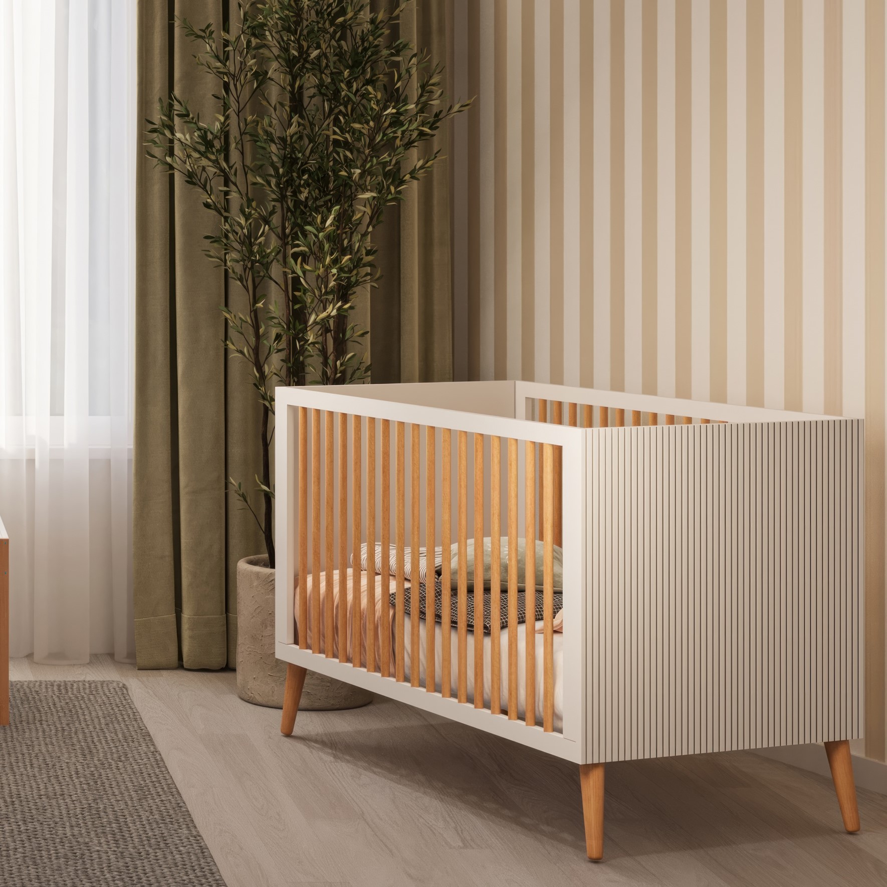 מיטת תינוק סביון לבן שילוב עץ בוק