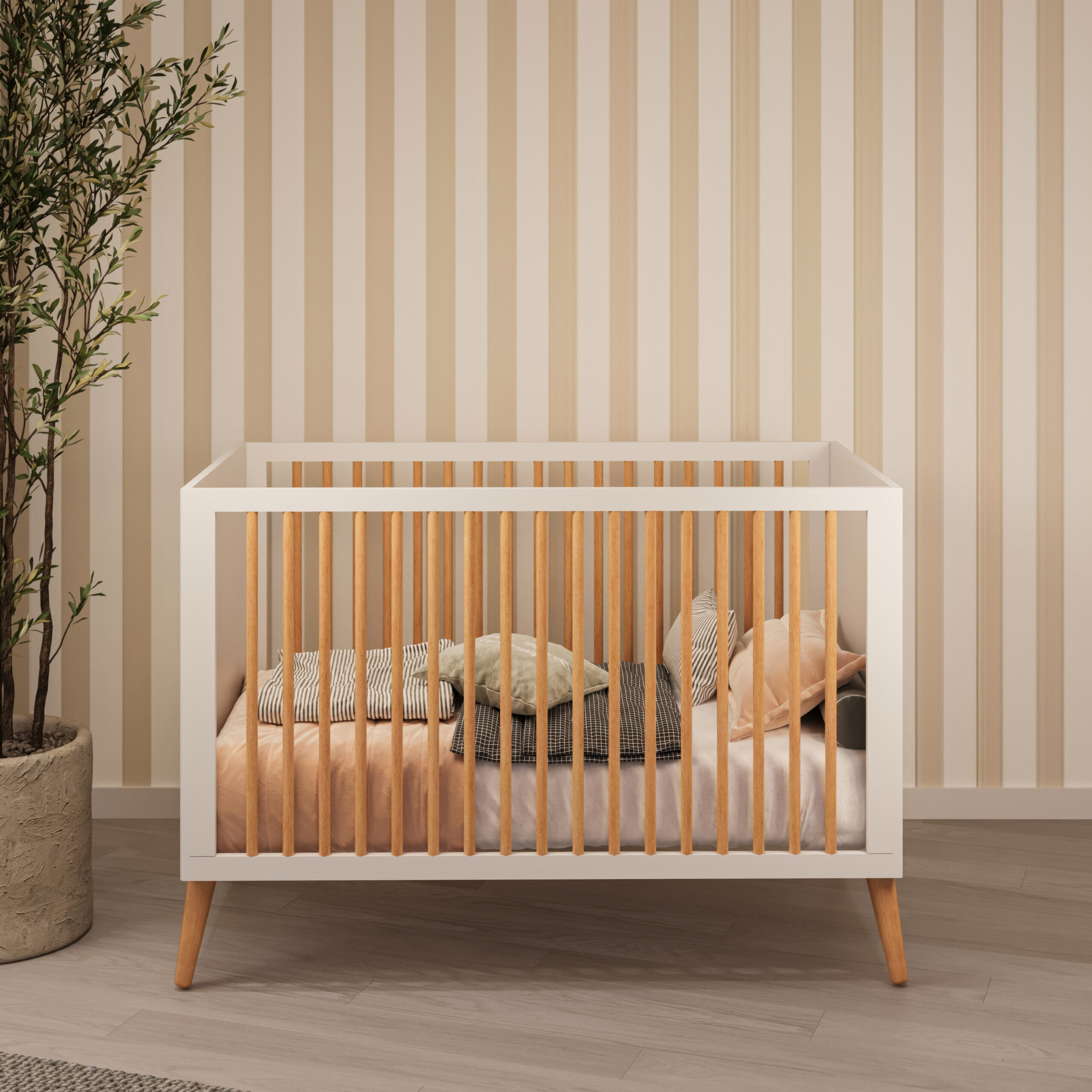 מיטת תינוק סביון לבן שילוב עץ בוק