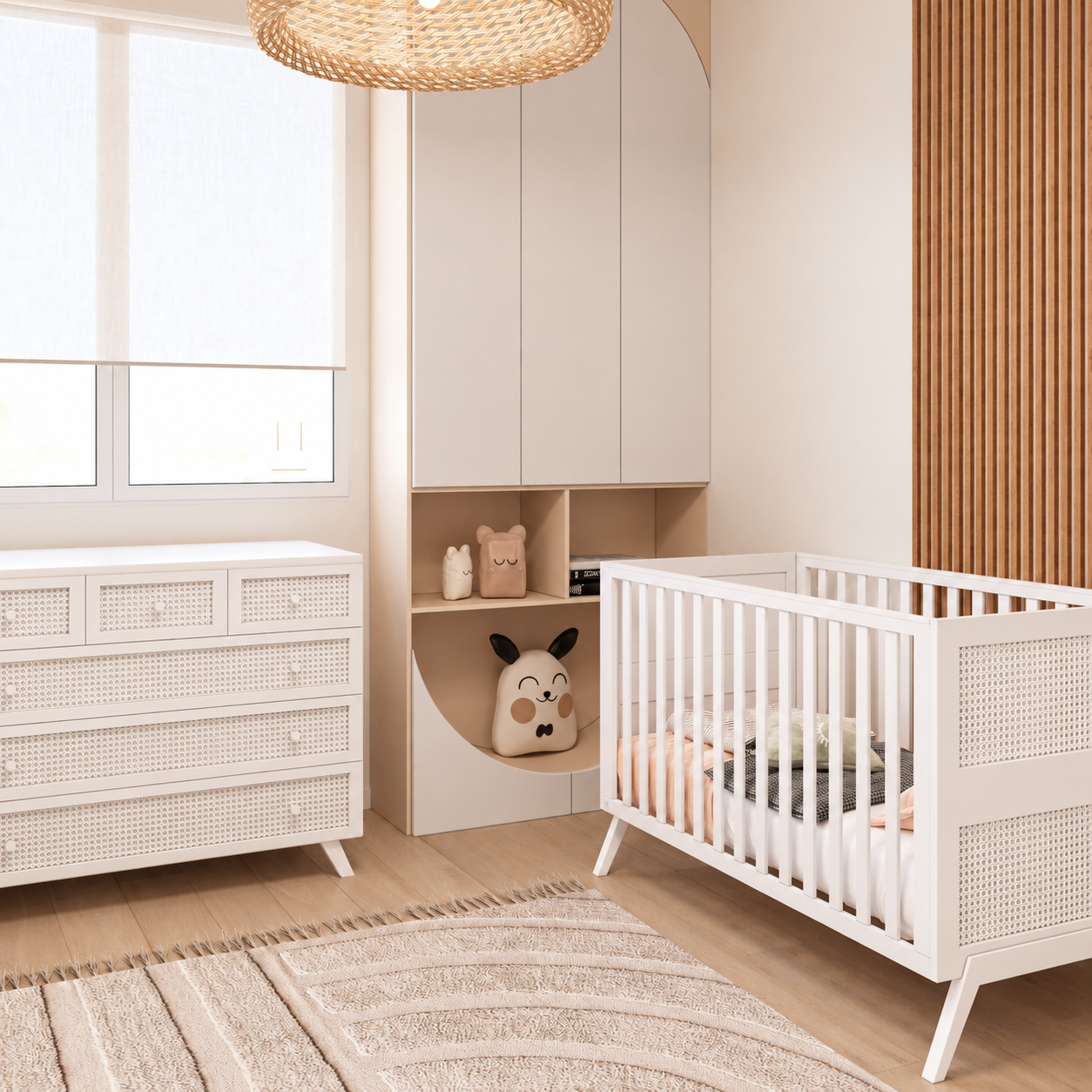 Baby bedroom and transition bed Cape Town Rattan White - Quiet closing - Includes transition bed חדר שינה לתינוק ומעבר קאייפטאון ראטן לבן - טריקה שקטה- כולל מיטת מעבר