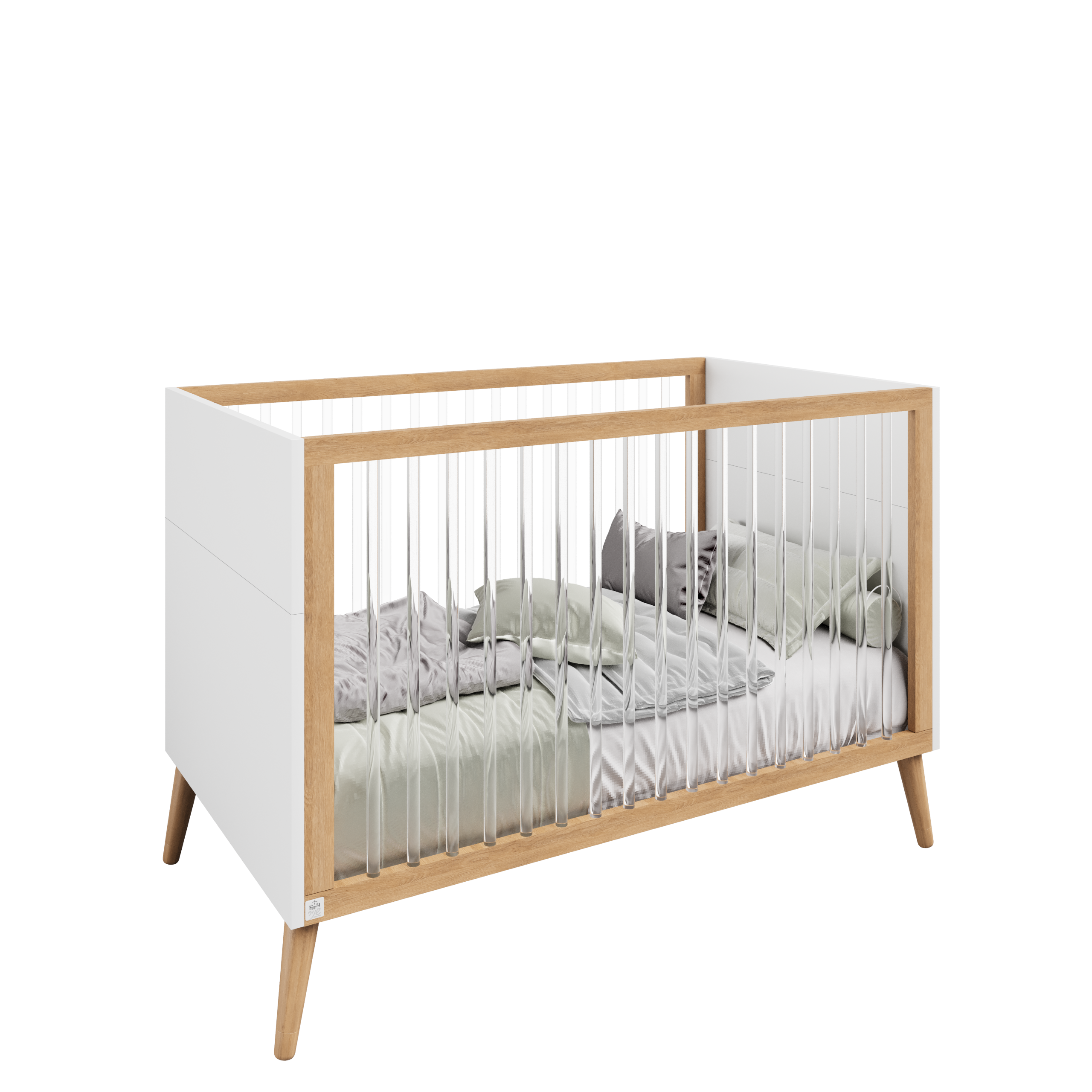 Baby bed with transition, 2 in 1 - white narcissus transparent bars COLLECTION 2025!!! מיטת תינוק כולל מעבר, 2 ב 1- נרקיס לבן מוטות שקופים COLLECTION 2025!!!