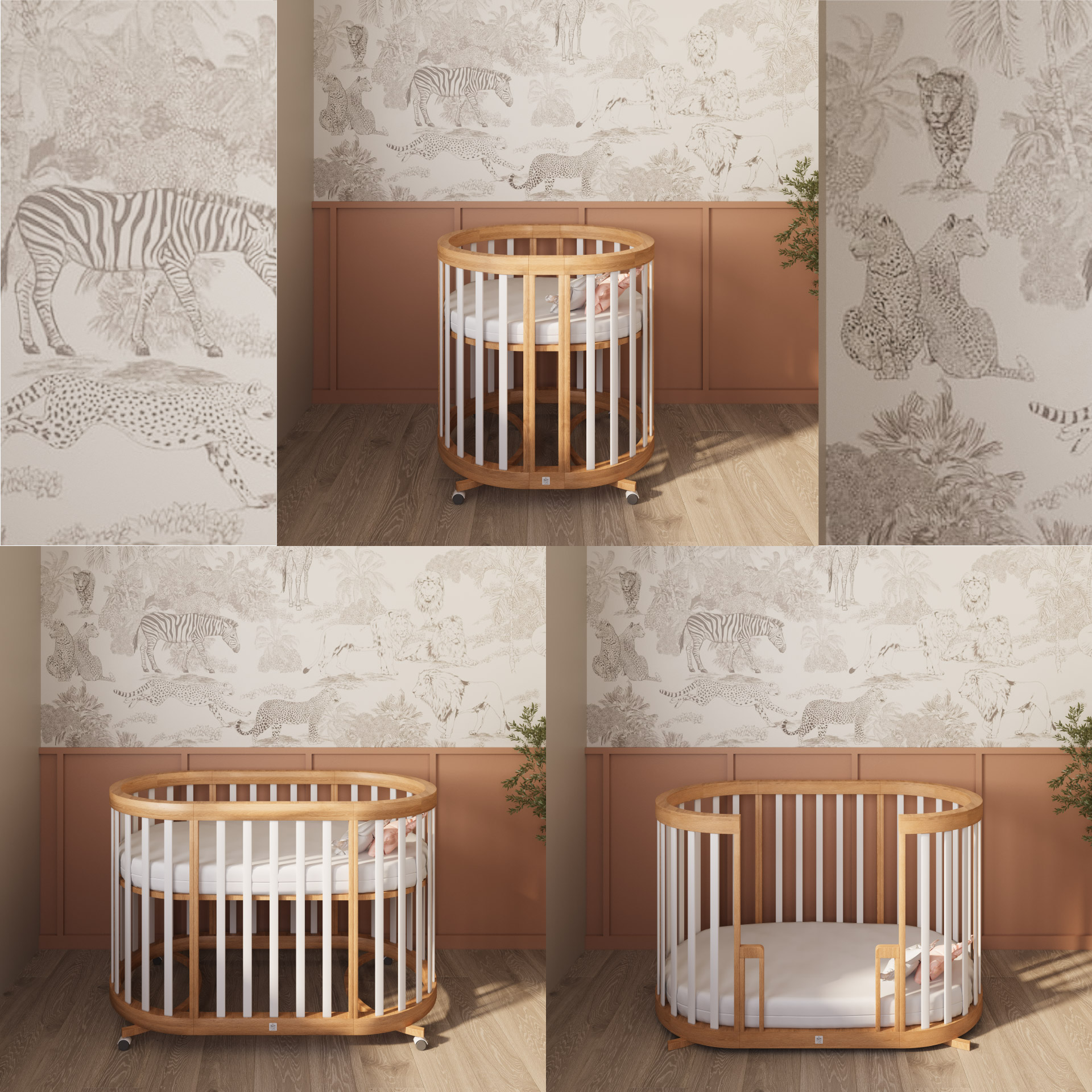 מיטת תינוק עגולה 3 ב 1 רקפת טבעי לבן