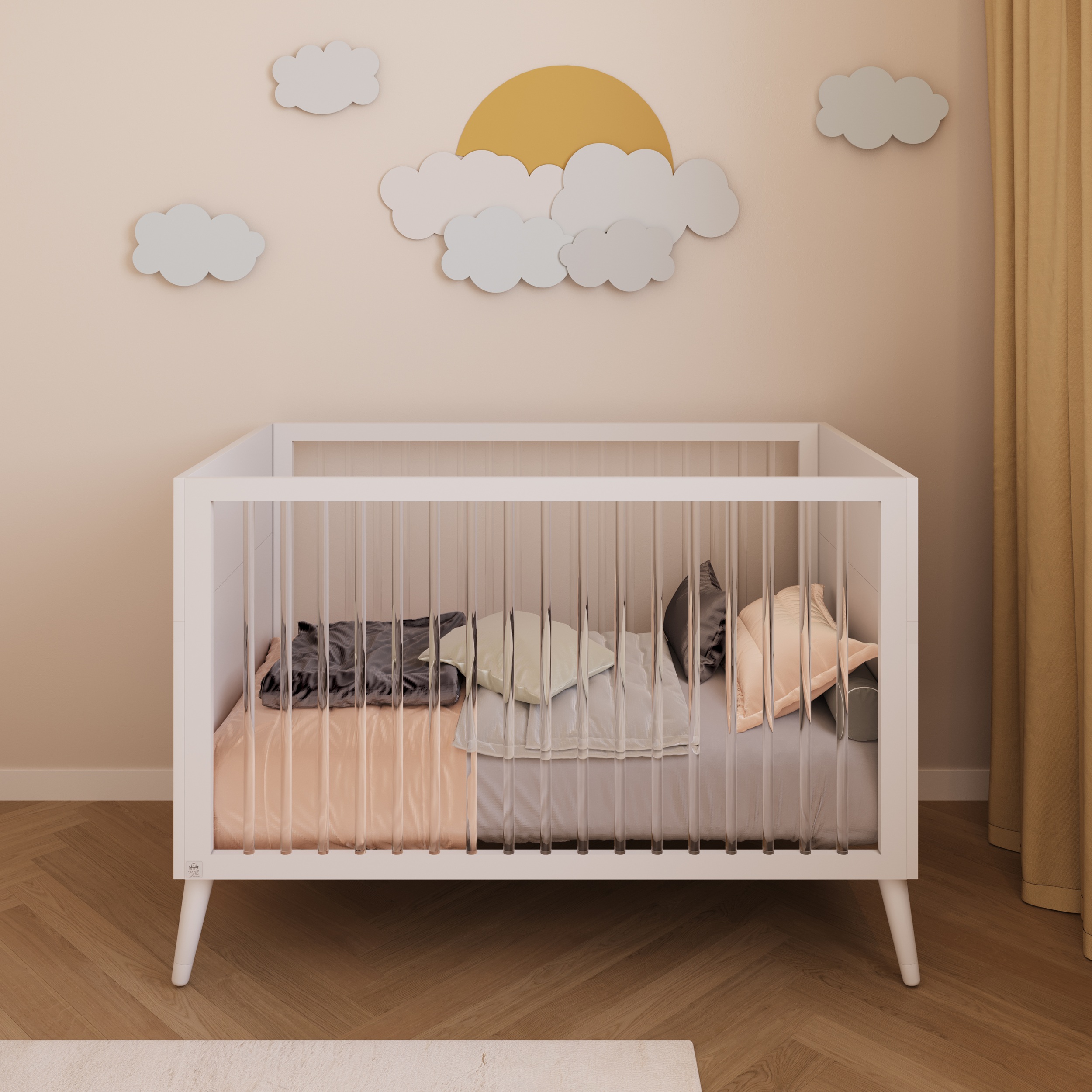 מיטת תינוק כולל מעבר,  2 ב 1- נרקיס לבן מוטות שקופים COLLECTION 2025!!!