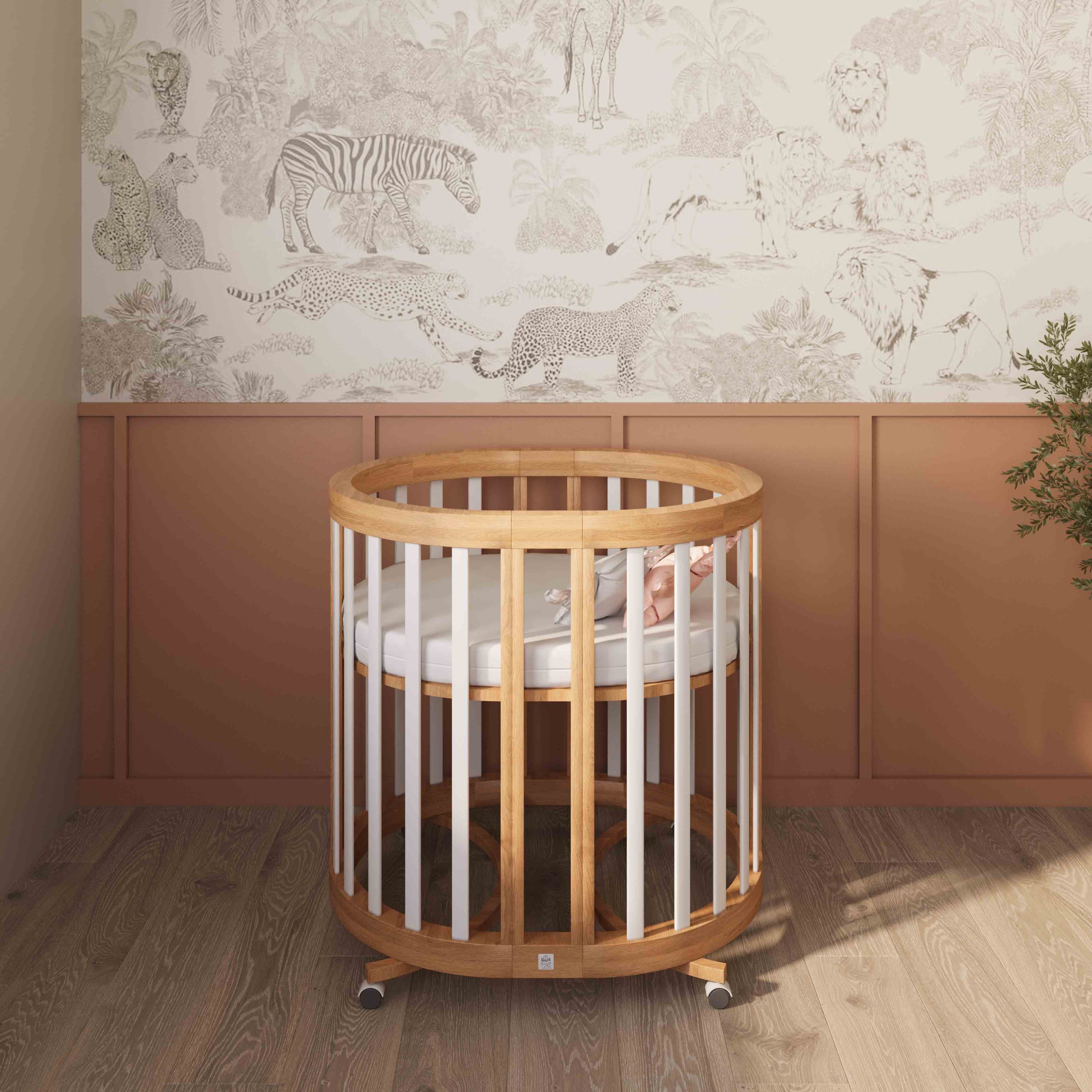 מיטת תינוק עגולה 3 ב 1 רקפת טבעי לבן