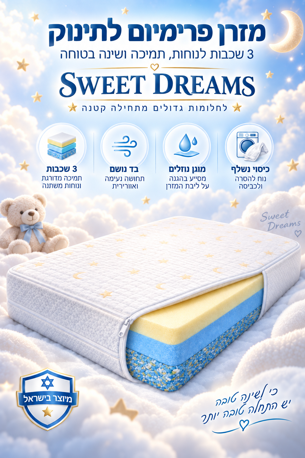 מזרן תינוק פרימיום SWEET DREAMS טריפל ויסקו עם בד במבוק מזרן תינוק פרימיום SWEET DREAMS טריפל ויסקו עם בד במבוק