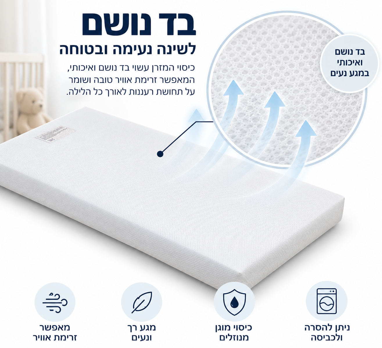 מזרן איכותי למיטת תינוק 1 מטר - 63×100 ס"מ מזרן איכותי למיטת תינוק 1 מטר - 63×100 ס"מ