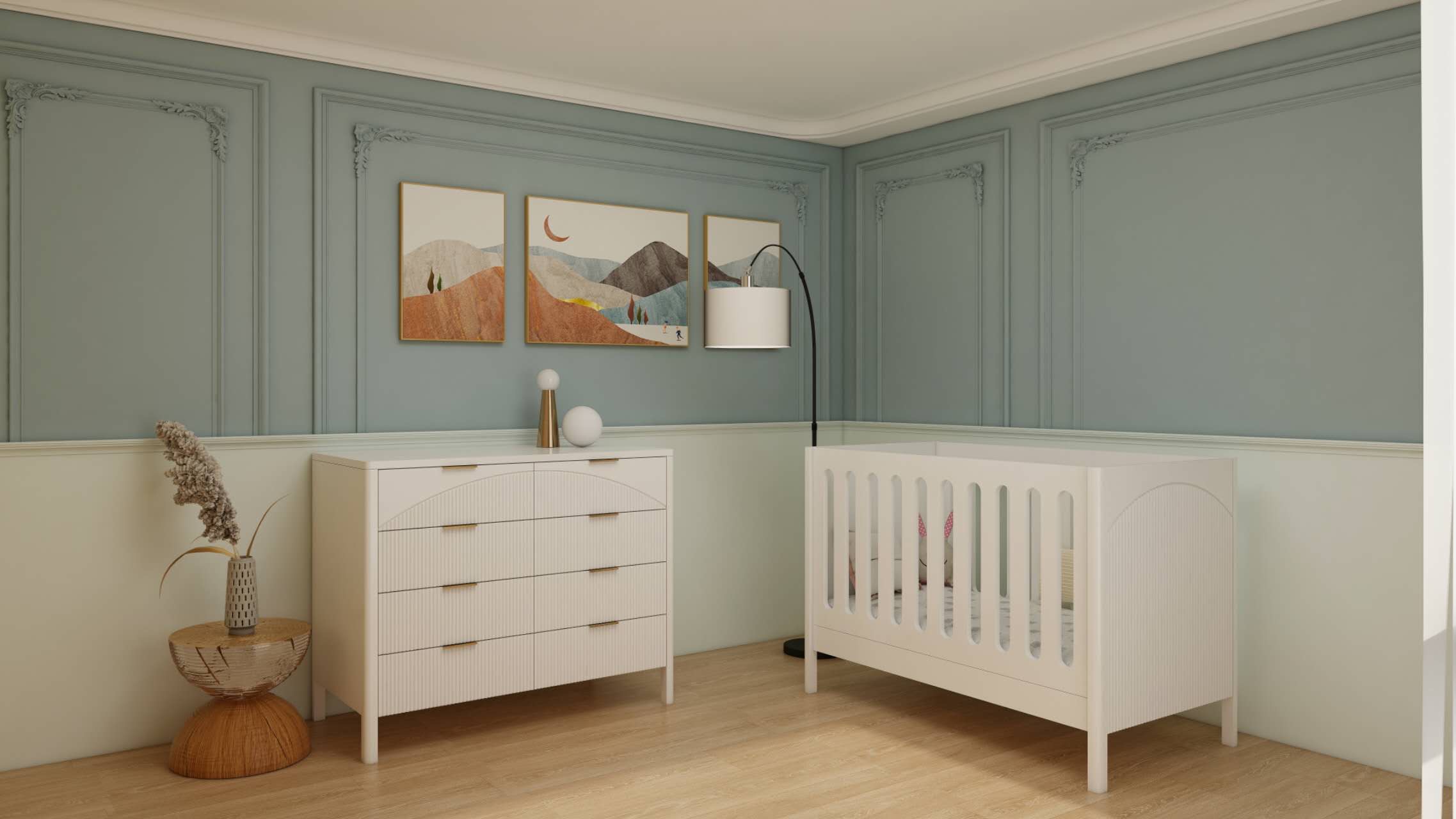 חדר התינוק החדש והמפואר שיצרת מתאר חוויית עיצוב ייחודית שמביאים מעצבי על המשלבים לחרוצים מיוחדים גם על המיטה וגם על השידה. הצביעה בצבע תנור איכותי מעניקה לחדר גימור מושלם ועמידות לאורך זמן. 