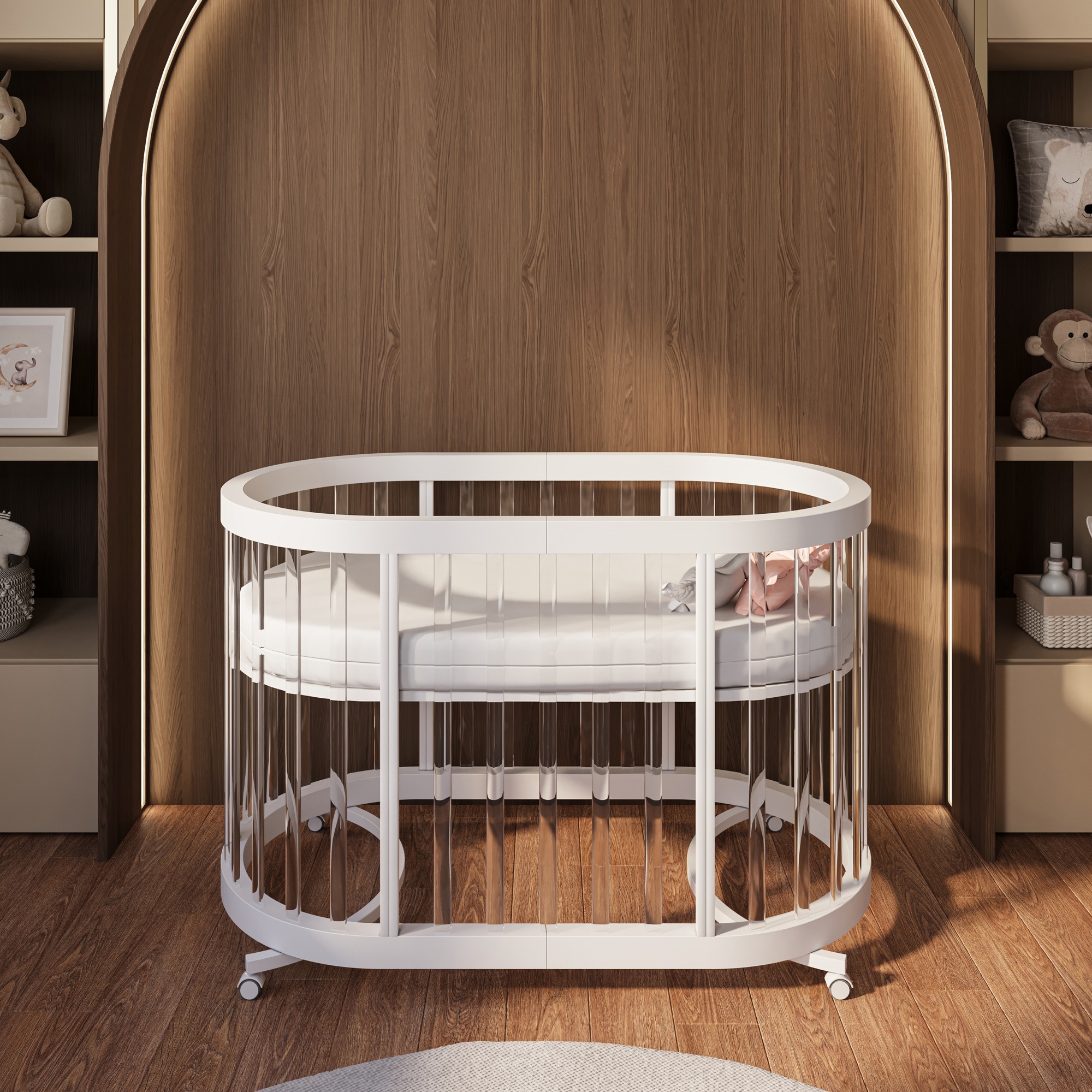 מיטת תינוק מעוגלת 3 ב 1 רקפת לבן אקרילי