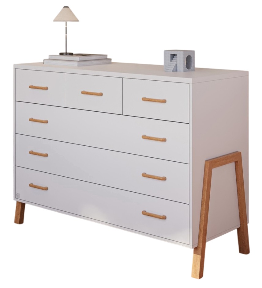 שידה מרסי החדשה מעוצבת בקו נקי, מודרני וחמים, בגוון לבן משולב ידיות ורגליים בגוון עץ טבעי. מעניקים לחדר התינוק מראה יוקרתי, רגוע ונעים.